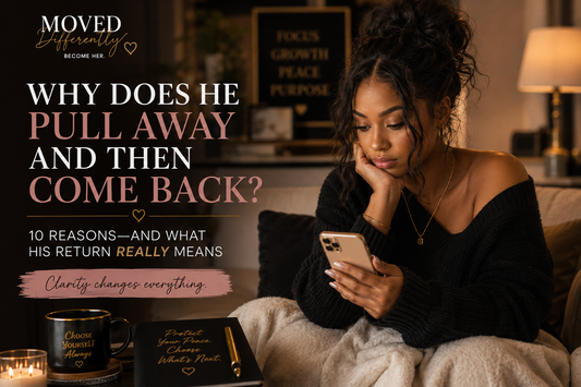 A thoughtful woman looking at her phone after someone who pulled away returns, symbolizing mixed signals and relationship uncertainty.