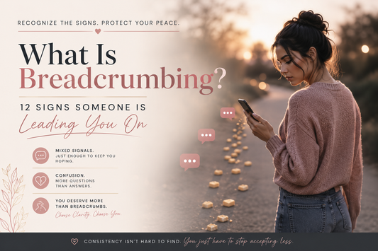 A woman looking at her phone while walking away from a trail of glowing breadcrumbs, symbolizing emotional mixed signals and moving forward.